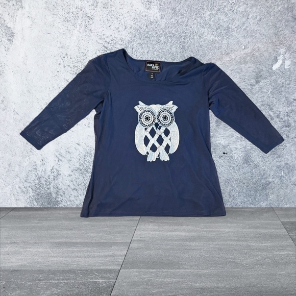 Rara Avis by Iris Apfel Deep Navy Owl Print Top Blouse XS Trendy Minimalist - Picture 10 of 15